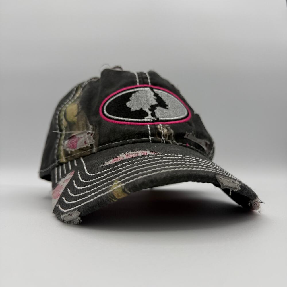 Mossy Oak Women's Black Pink Camo Distressed Baseball Cap Adjustable Hat